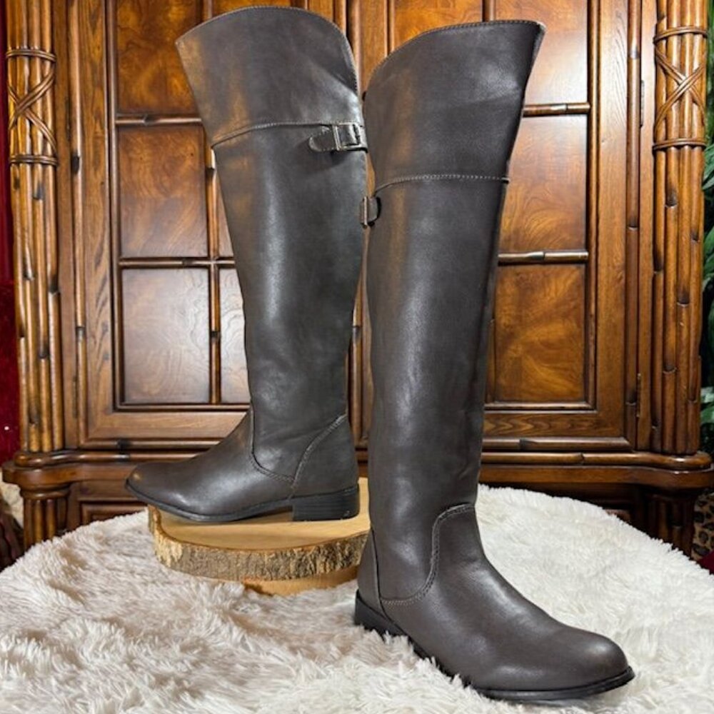 Breckelle's Smoke Gray Faux Leather Over the Knee Buckle Boot